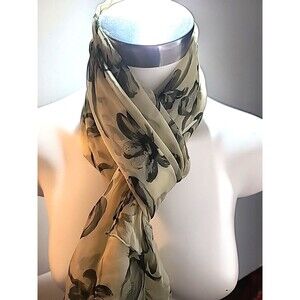 Vintage J&X New York Yellow & Green Floral 100% Silk Scarf 20" X 57"